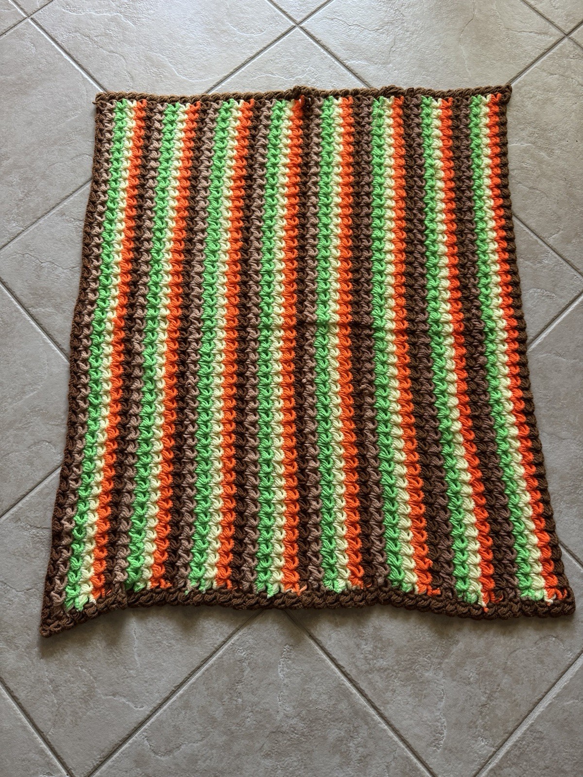 Vtg 70\'s Handmade Boho Crochet Throw Afghan Blanket 38”x 45” Brown Orange Green