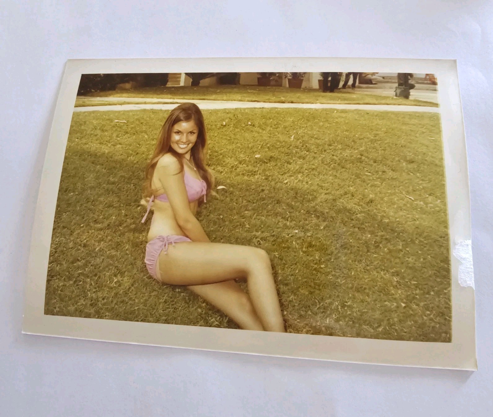  1970s Young Brunette Woman in Pink Bikini Swimsuit On Grass Park Vintage Photo