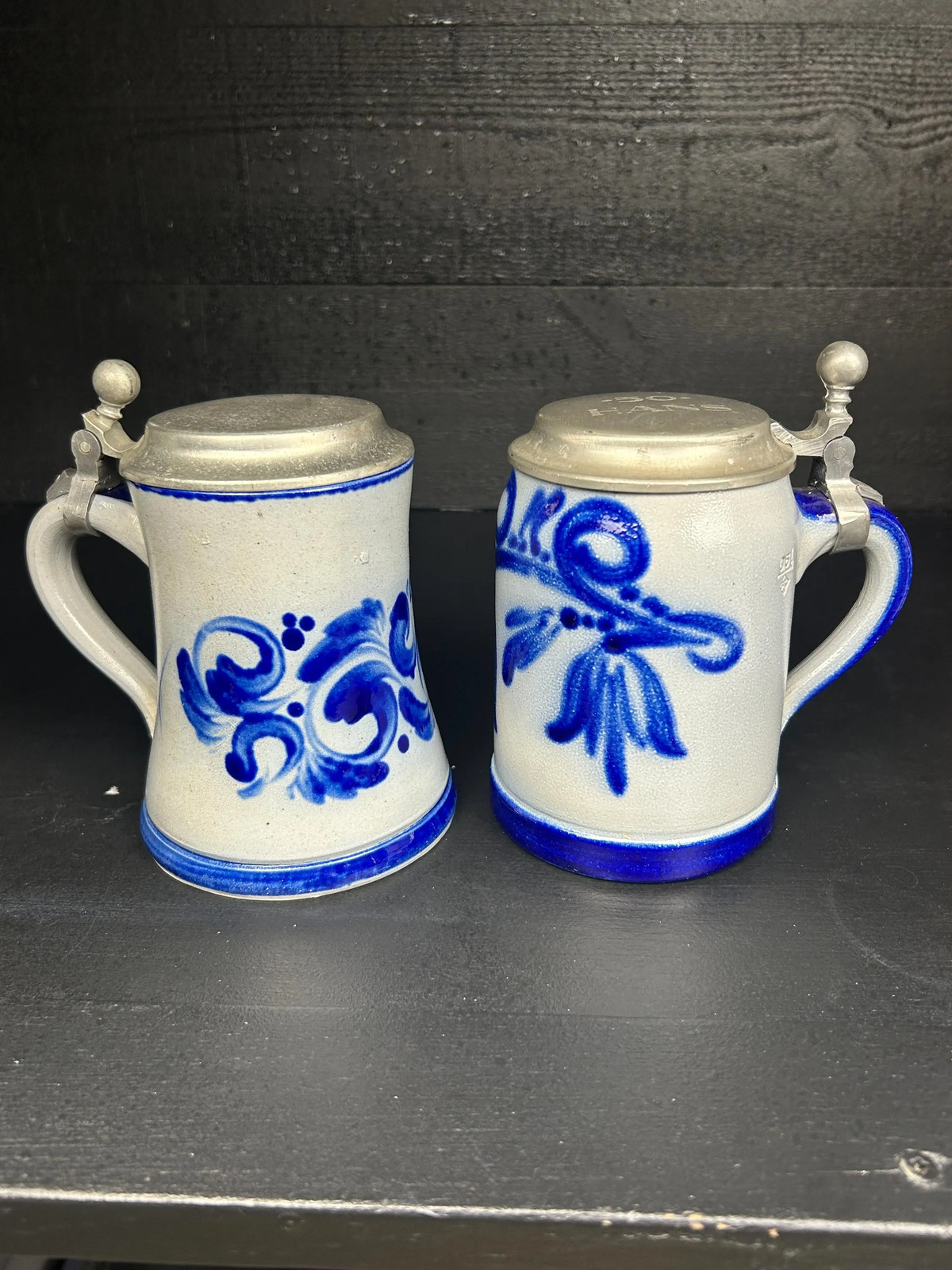 Vintage German Cobalt Stein Pair, Salt-Glazed Stoneware with Pewter Lids