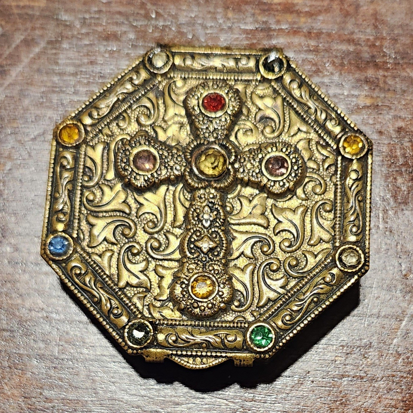 Antique 1920s Czechoslovakia Brass Pocket Shrine Jeweled Cross Trinket Box