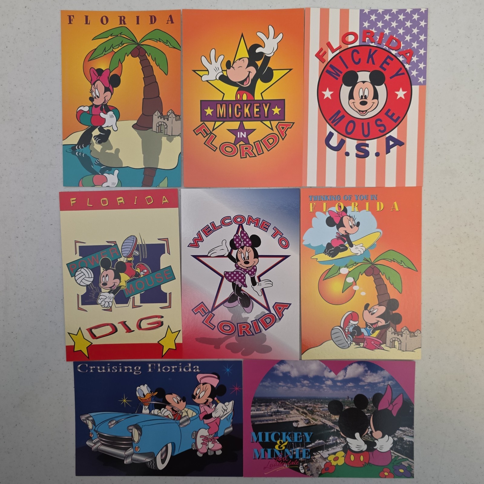 8 VTG Large Disney Postcards Mickey Minnie Donald Mouse Florida Fort Lauderdale