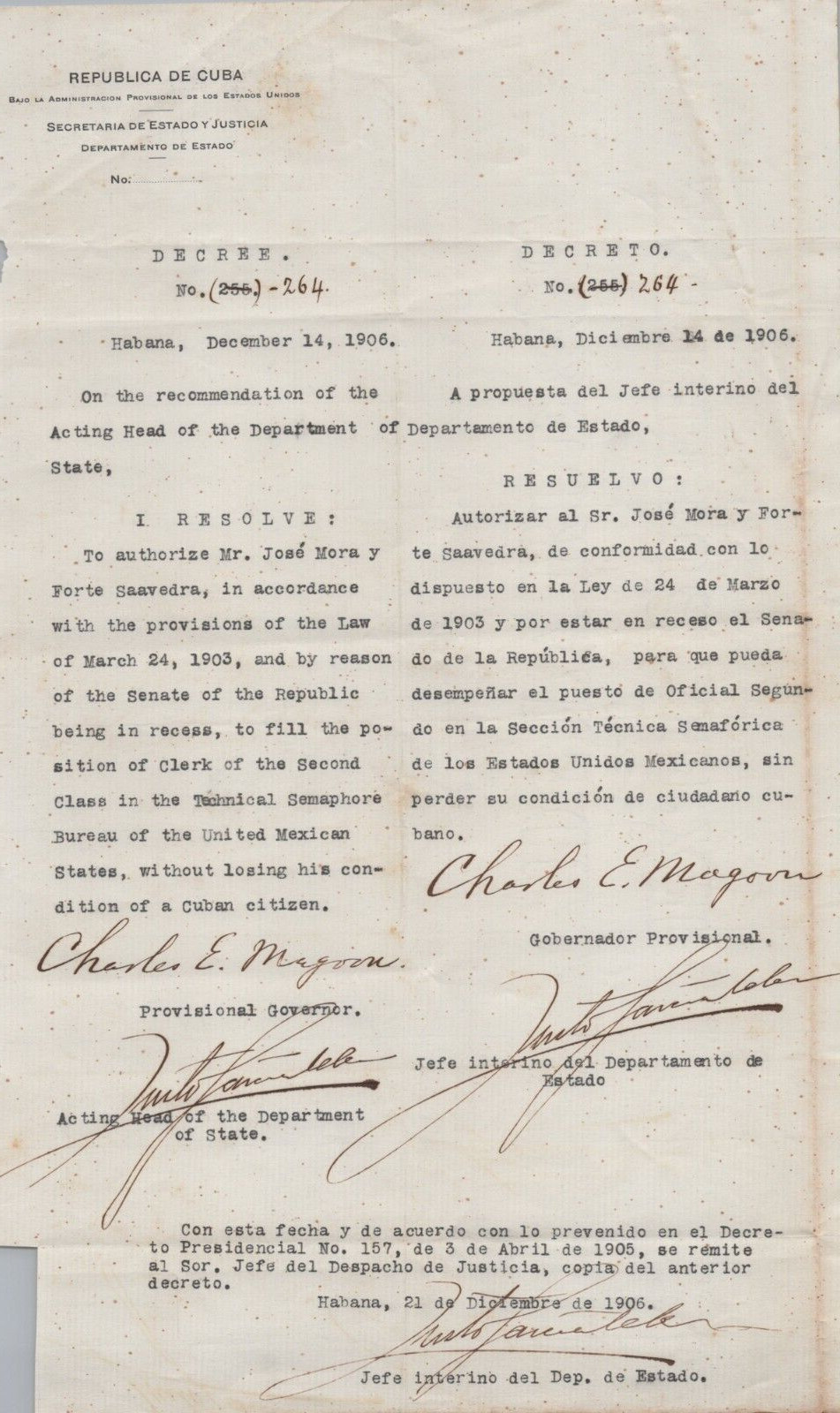 1906 PROVISIONAL GOVERNOR CHARLES E MAGOON HISTORICAL DOCUMENT SIGNED AUTOGRAPH