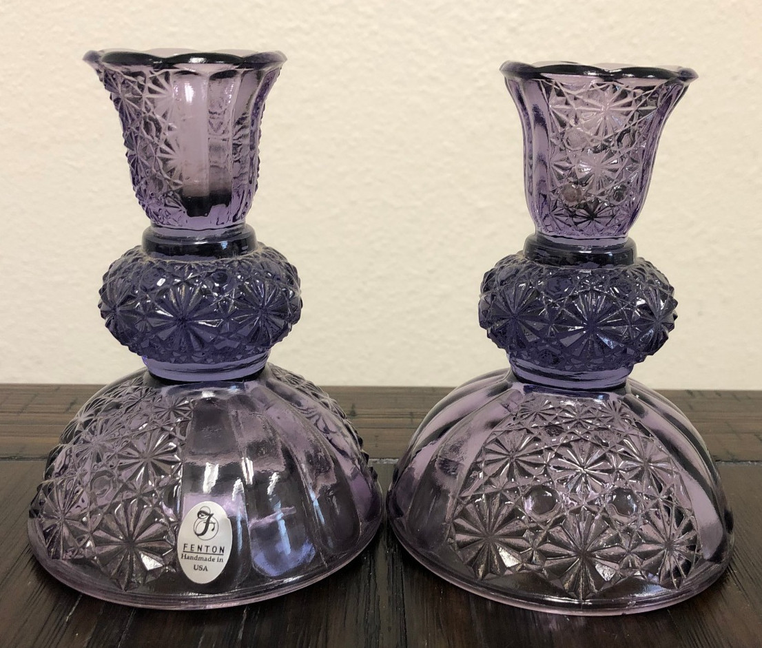 2 Vintage Fenton Amethyst/Purple Daisy Button Glass Candle Sticks/Holders/HTF