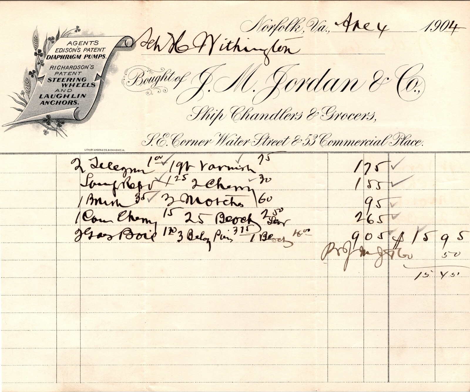 Antique Maritime Billhead Invoice 1904 J M Jordan Ship Chandlers Grocers Norfolk
