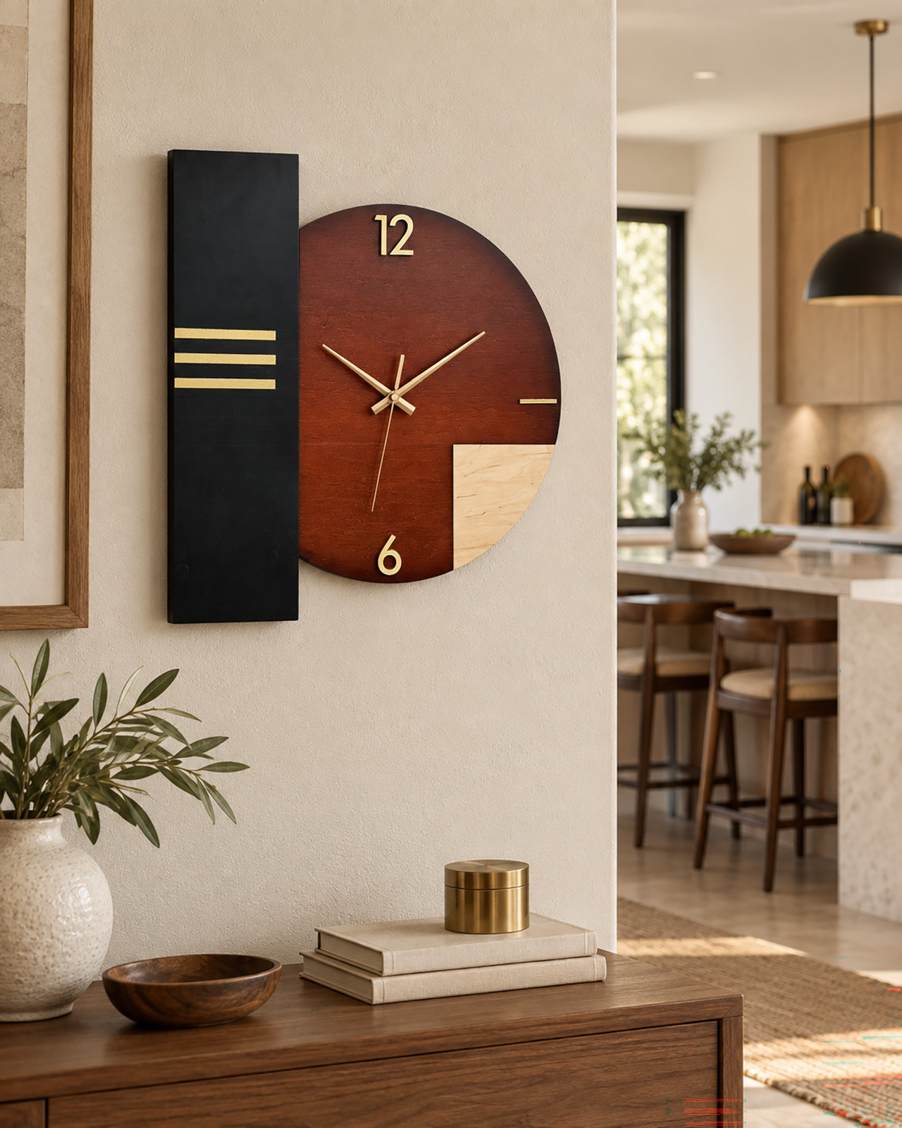 Handmade Mahogany Geometric Wall Clock Mid Century Modern Art Deco Gold Decor