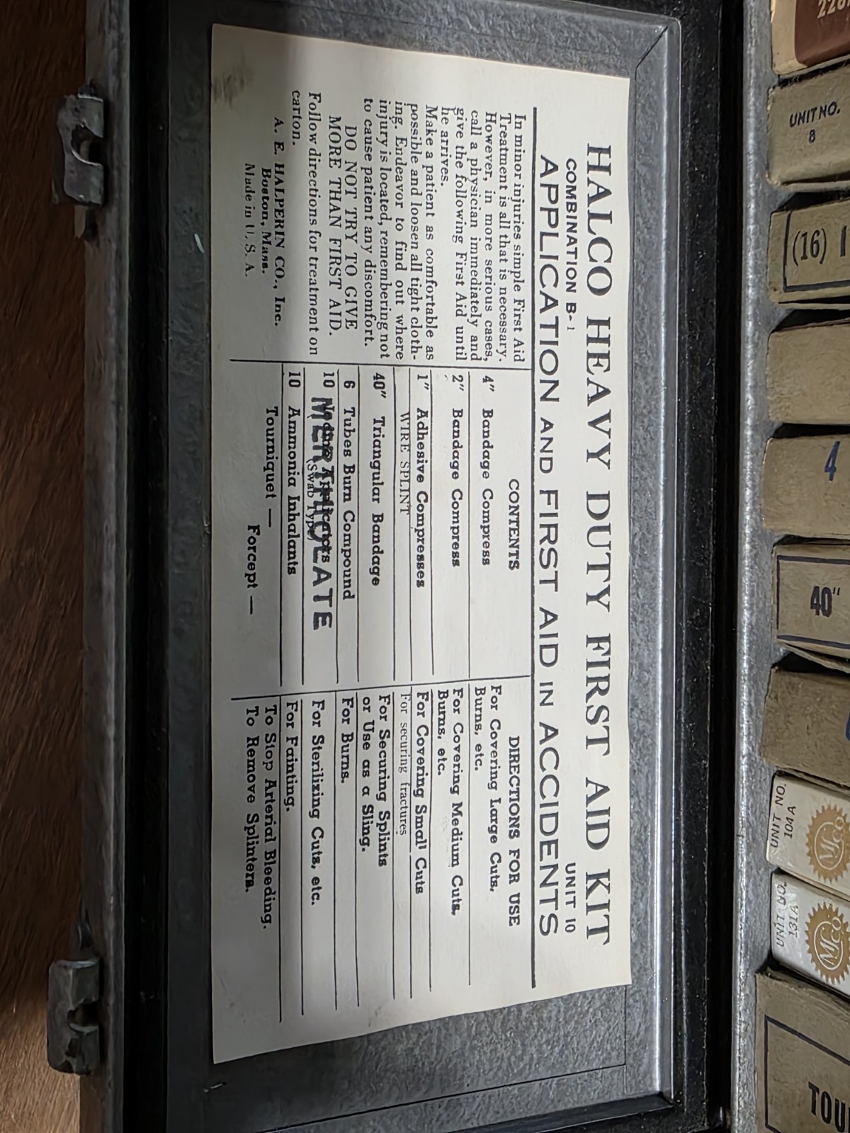 Vintage WW2 Era AE Halperin Halco Heavy Duty Metal First Aid Kit (Box&Contents)