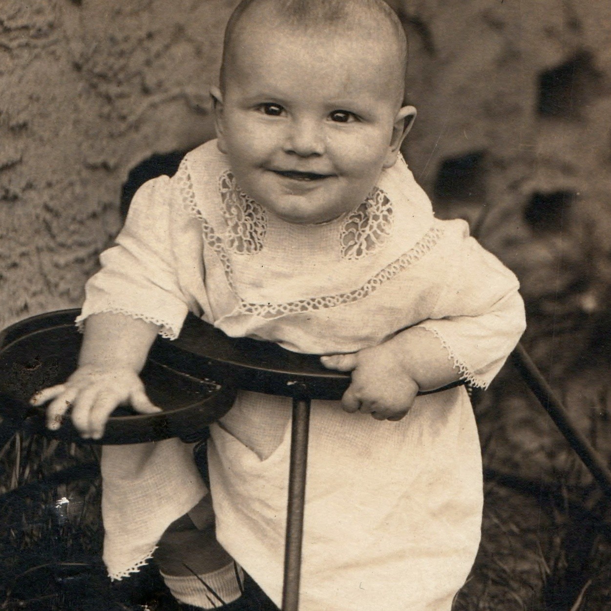 c1910s Smiling Baby Antique Metal Hoop Walker Snapshot Photo Lace Gown Child Vtg