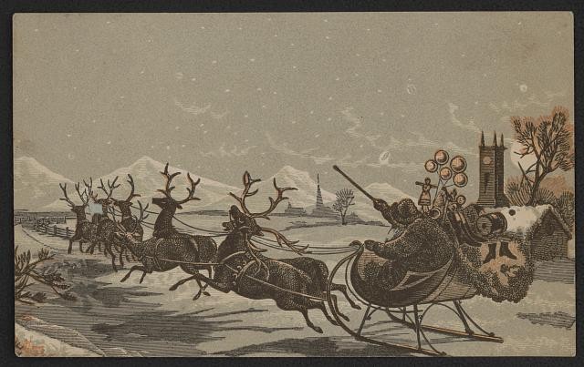 1880s Santa Sleigh Reindeer Victorian Christmas Trade Card Church Scene