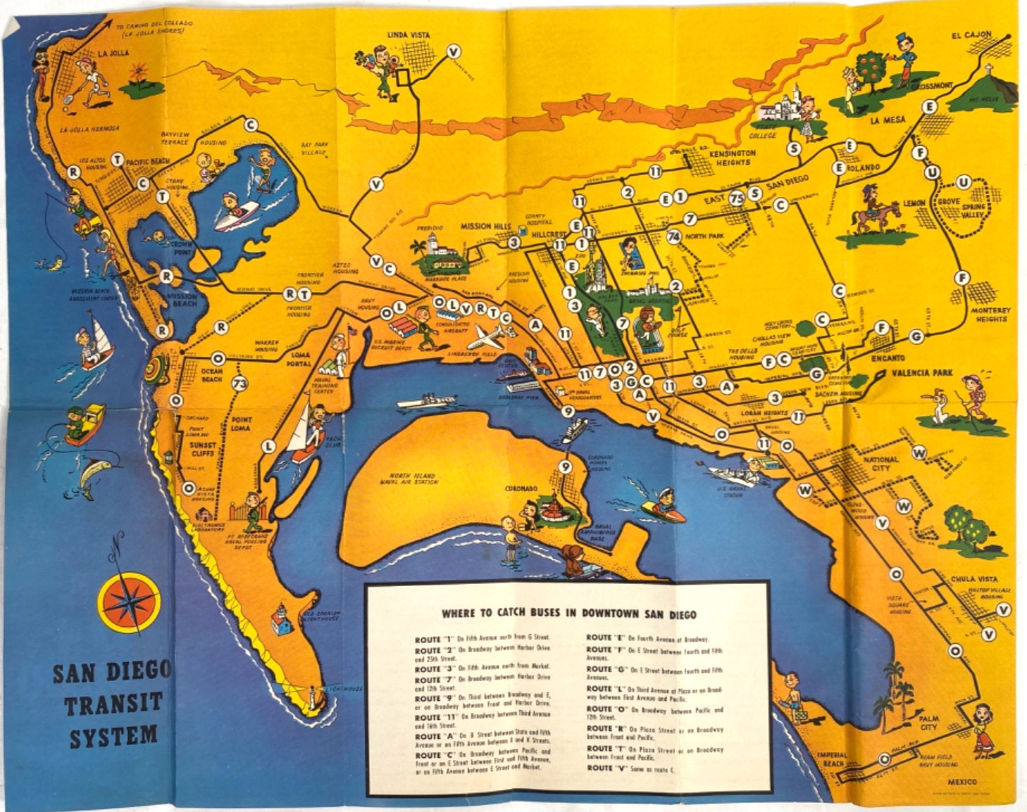 1960s SAN DIEGO TRANSIT SYSTEM cartoon poster map bus route brochure CALIFORNIA