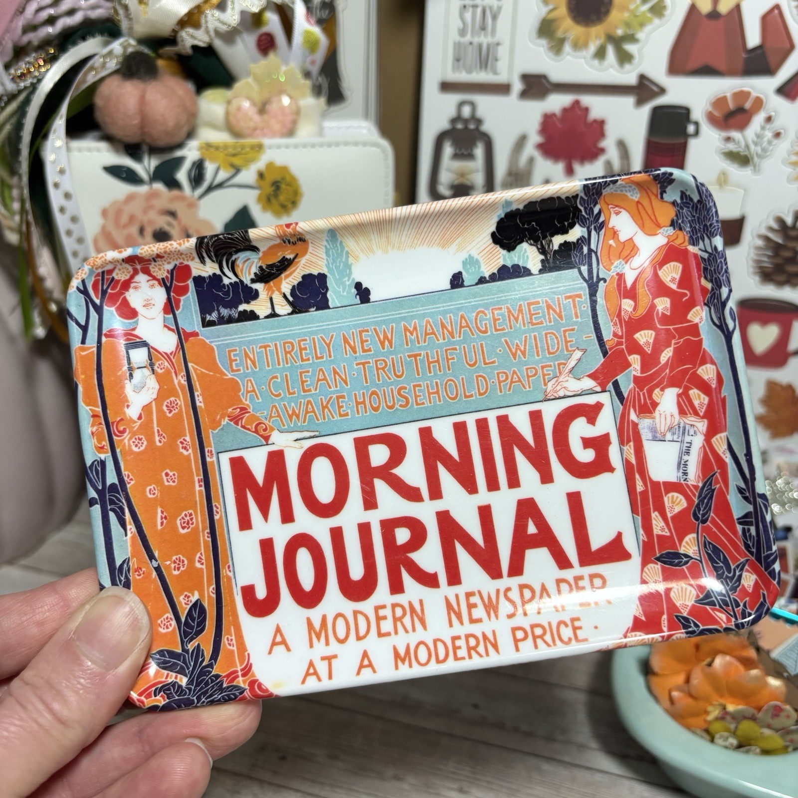 Vintage Morning Journal Newspaper Trinket Dish Tray Made In Italy Art Nouveau