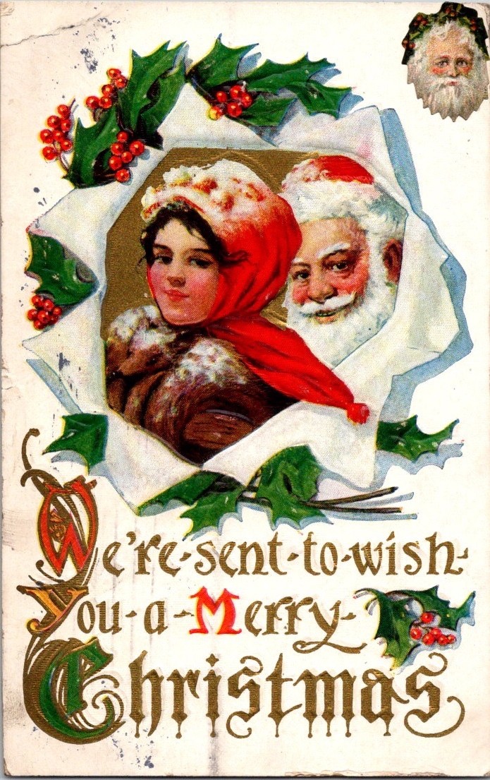 Antique 1912 Christmas Postcard Santa Claus Girl Holly Embossed Ephemera