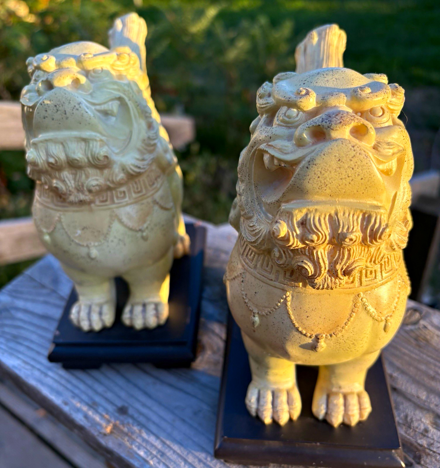 Cream & Black Resin Chinese Foo Dog Guardian Lion Figurines Pair w/ Bases