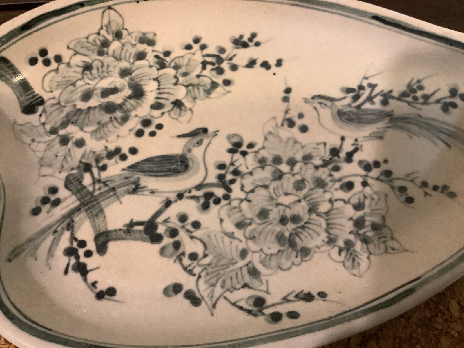Chinese Blue and White Porcelain LeafShaped Dish with Floral and Bird Decoration