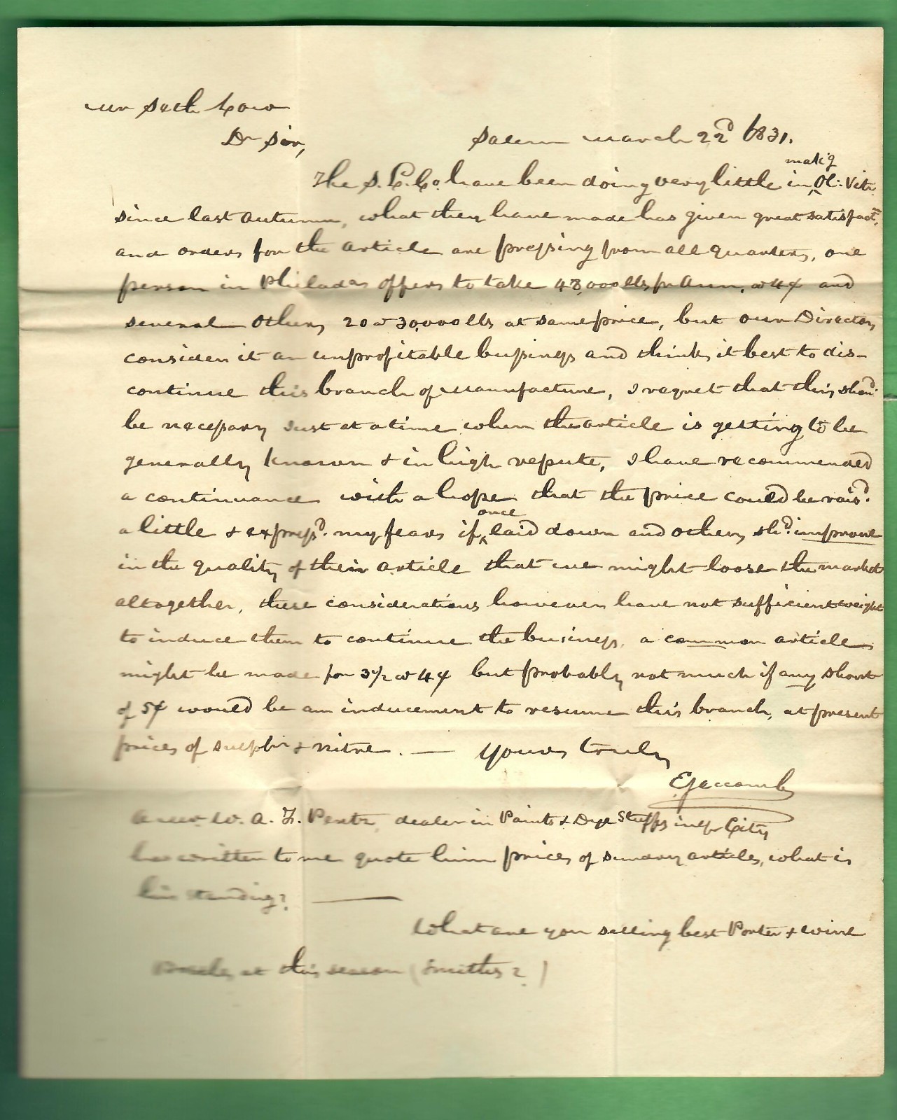 1831 STAMPLESS HANDWRITTEN LETTER FROM SALEM TO NEW YORK REGARDING WINE BUSINESS