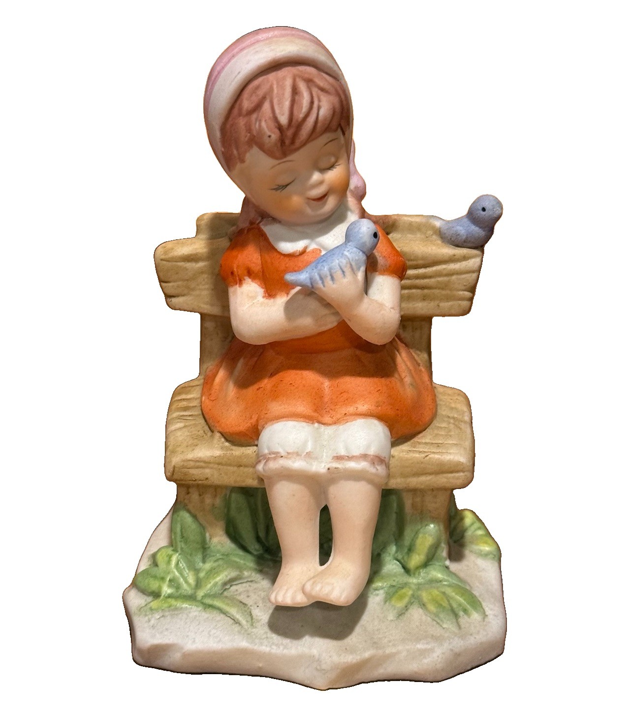 Vintage Ceramic Girl on Bench Holding Bird Figurine Unmarked 5”