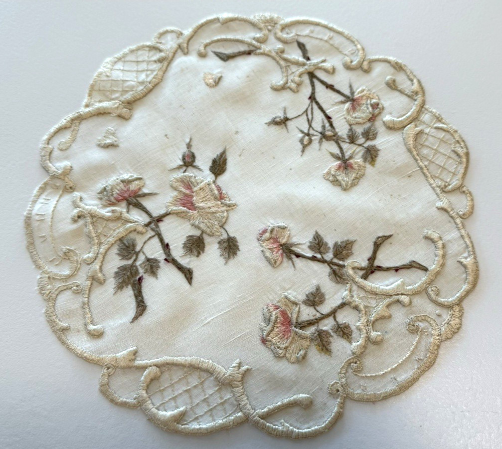 Vintage Hand Embroidered Antique Society Silk Doily 3D Embroidery