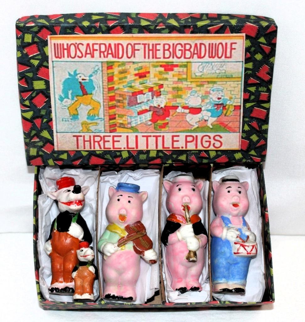 RARE N.MINT DISNEY 1930s 3 LITTLE PIGS MUSICIANS+2 BIG BAD WOLF BOXD BISQUE SET