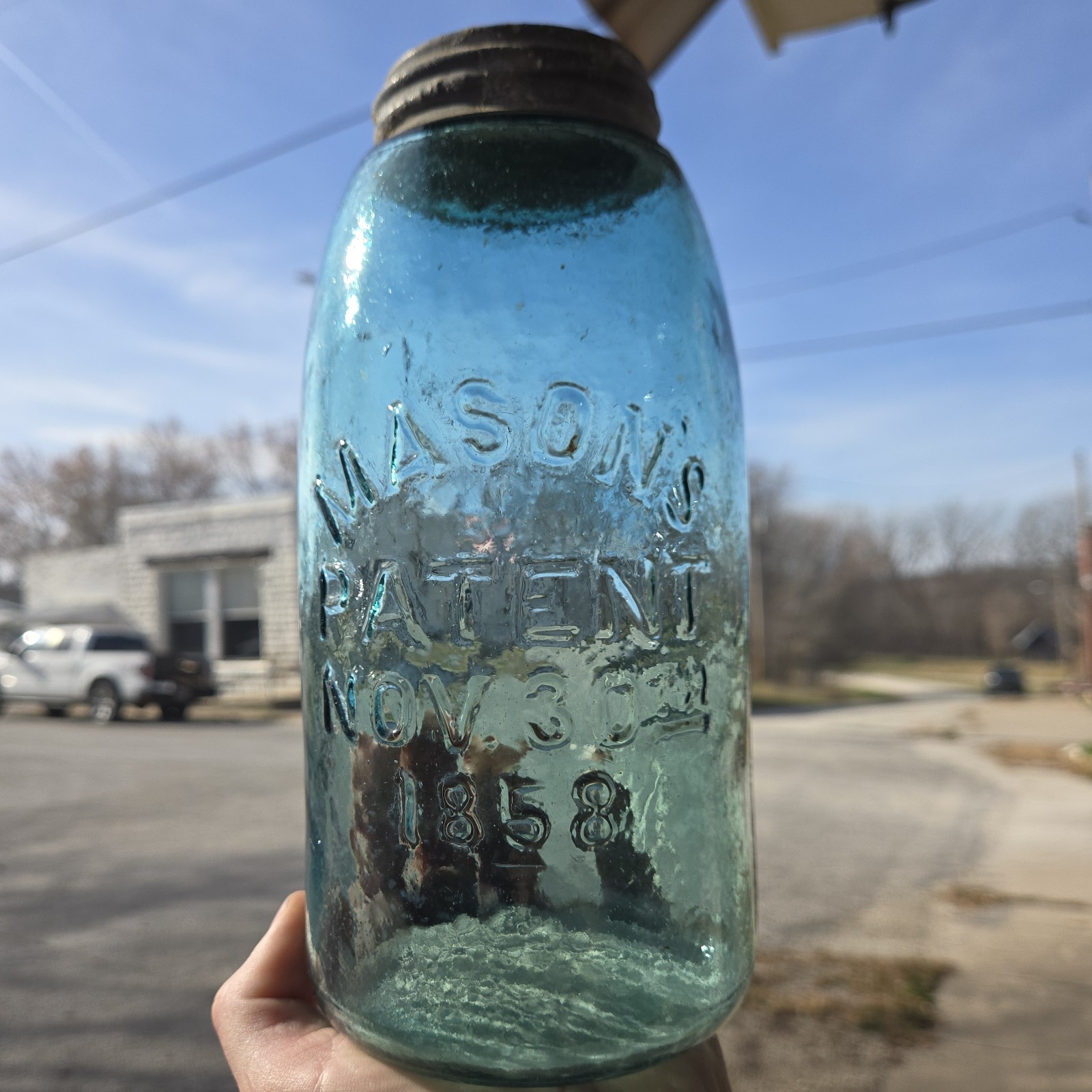 Heavily WHITTLED Half Gallon Mason’s Patent 1858 Antique Jar 