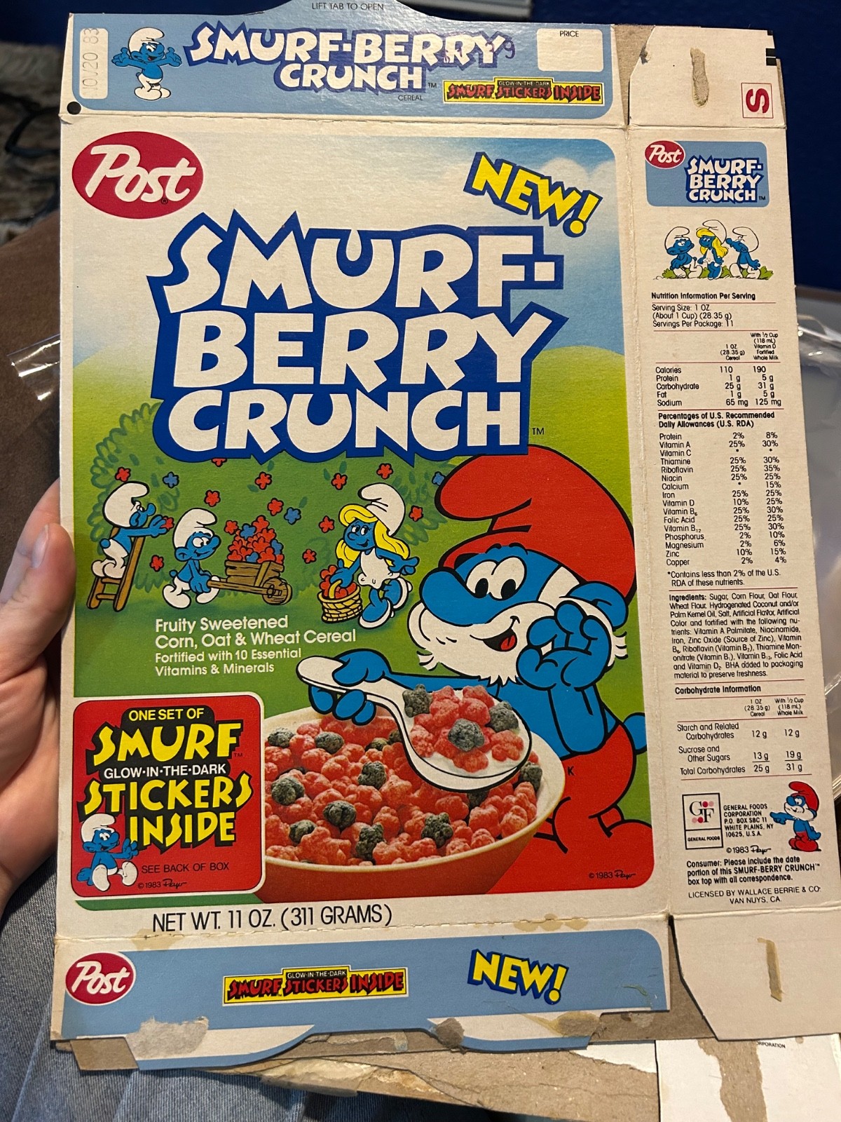 Post Smurf Berry Crunch Cereal Box 1982 Glow-In-Dark Sticker Offer