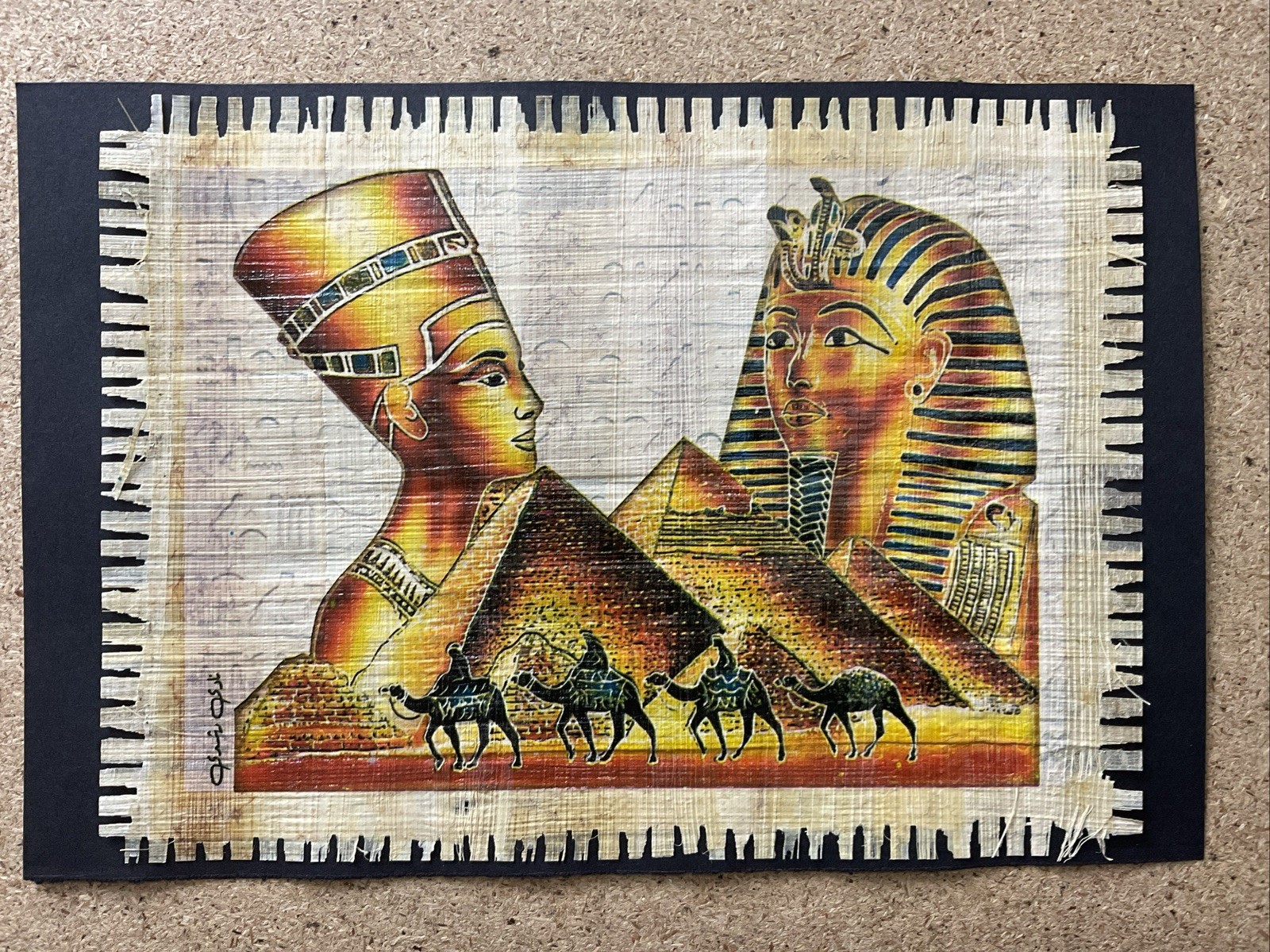 Vintage Egyptian Papyrus Painting Tutankhamun, Nefertiti, and the Pyramids 6x9”