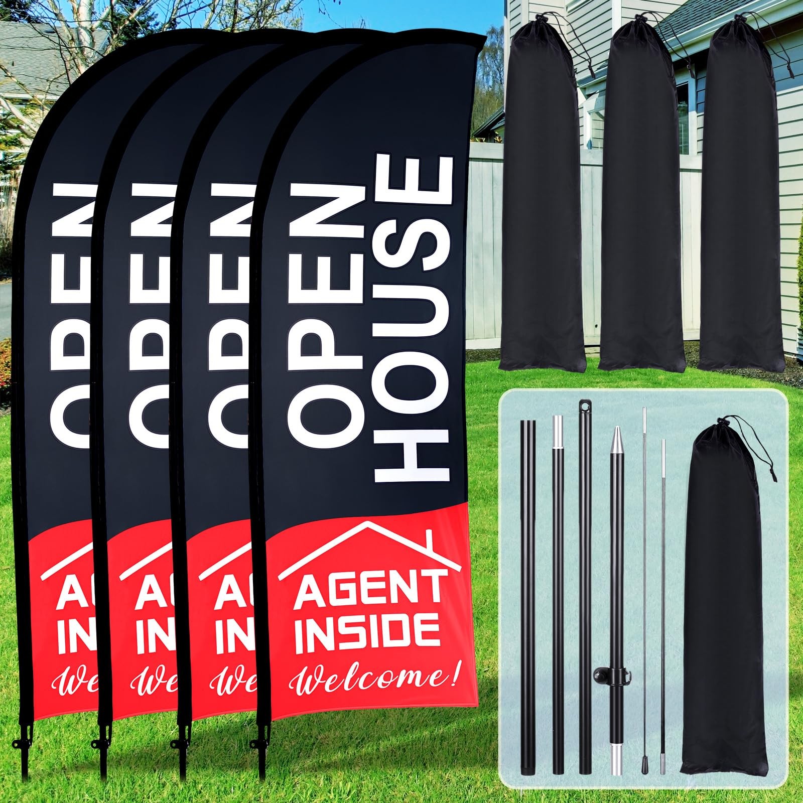 Buryeah 4 Pack Open House Flags Signs For Real Estate Agents 7X5.4 Ft Feather