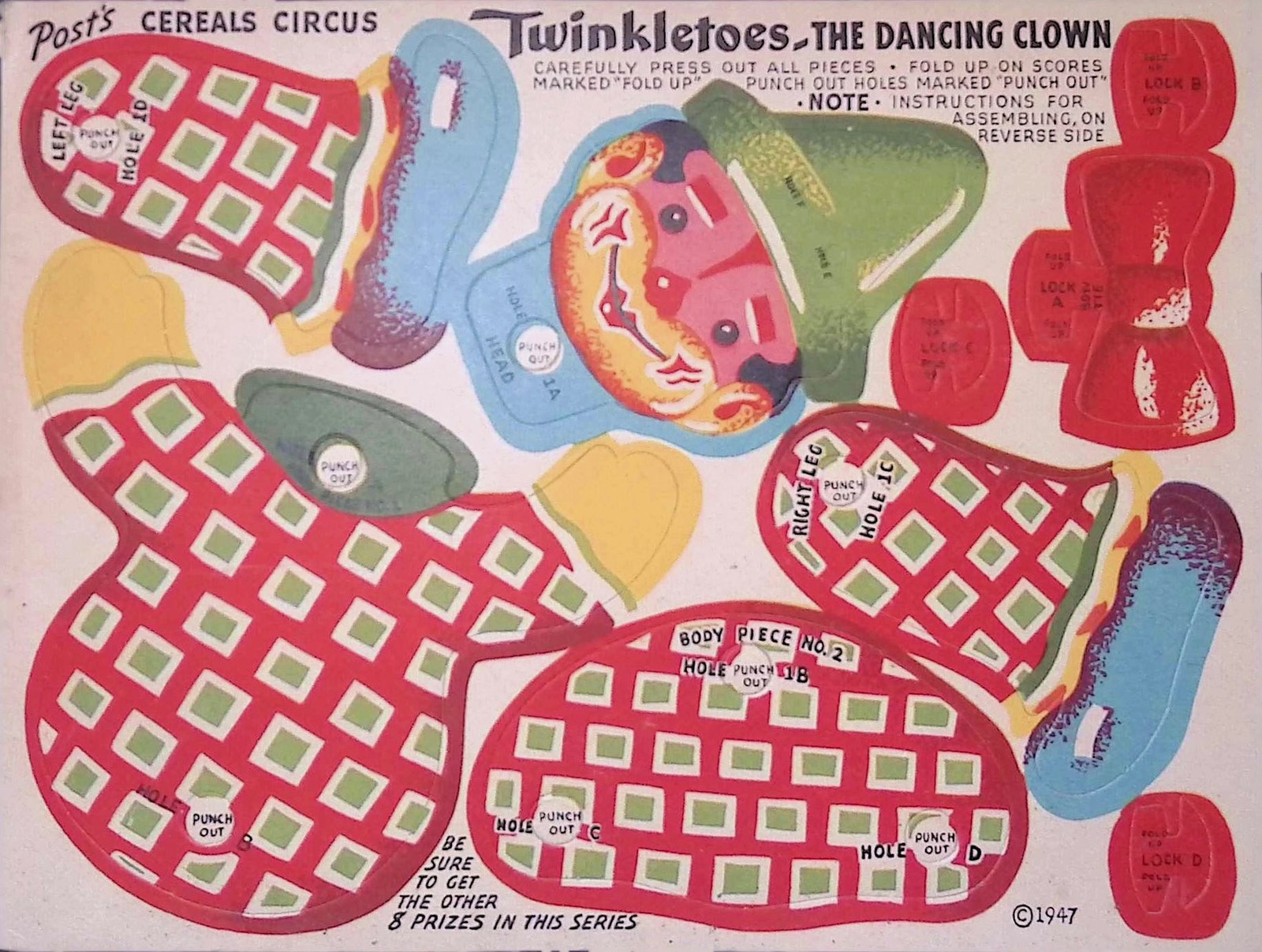 1947 Post's Cereals Circus Twinkletoes Uncut Paper Toy Premium Die-Cut Vivid
