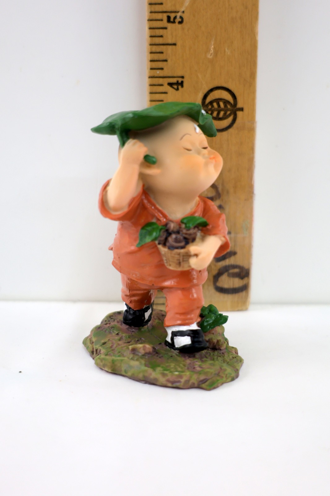 Vtg Bald Young Asian Monk Figurine Chinese Boy Walking in the Rain Leaf Umbrella