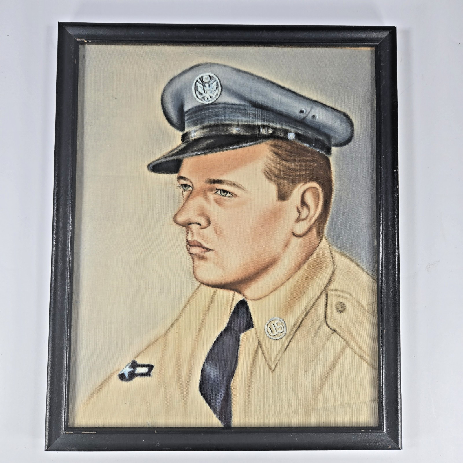 Vintage WWII US Army Air Forces Soldier Portrait on Fabric Framed Military Art