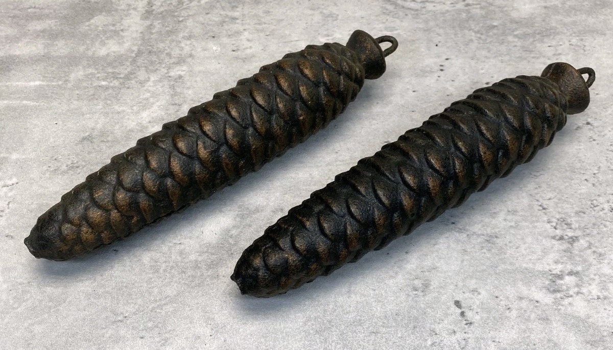 Pair Vintage Cast Iron Pine Cone Clock Weights 1193g & 1177g Black Forest German