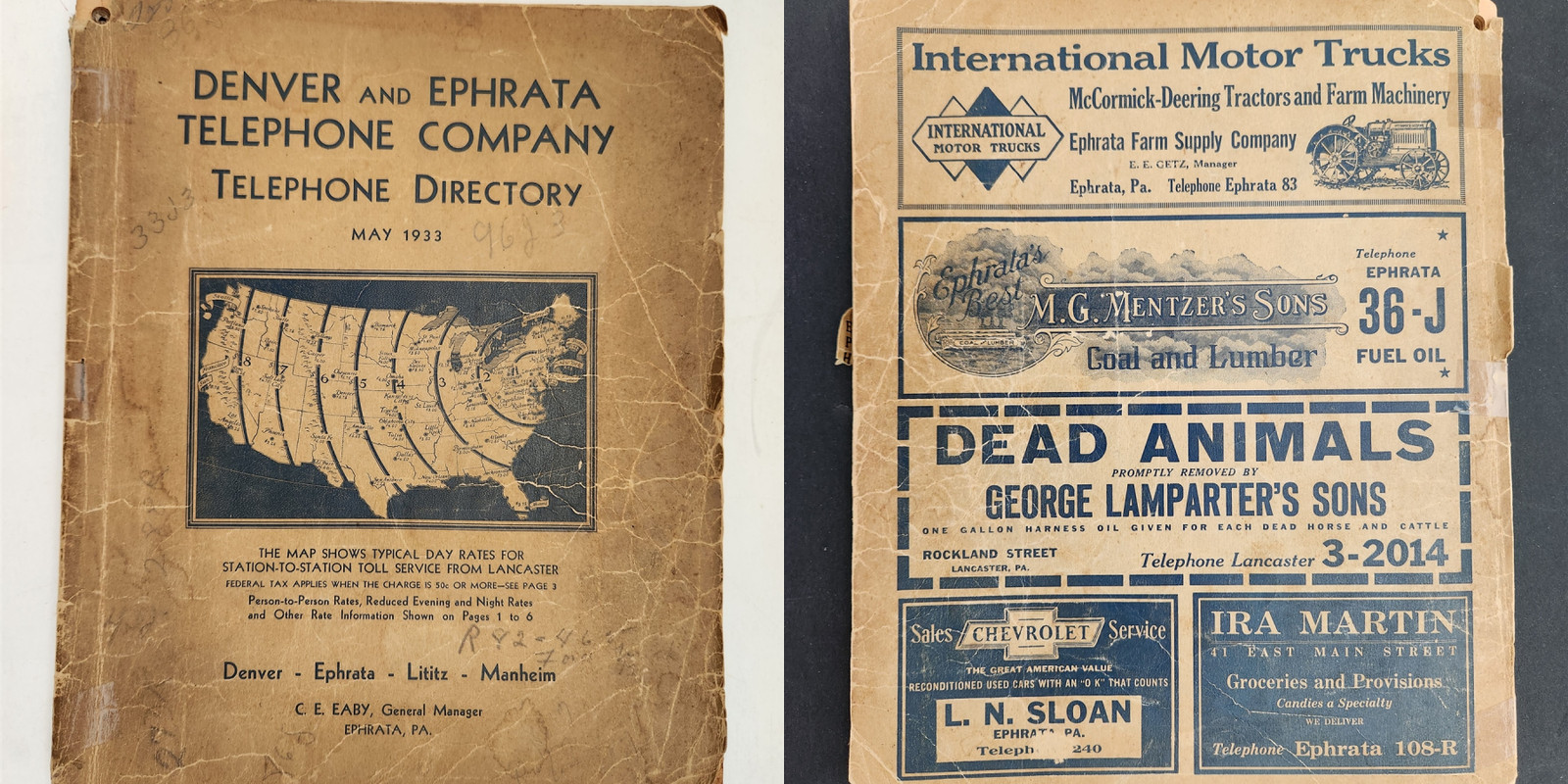 1933 vintage DENVER EPHRATA LITITZ MANHEIM pa TELEPHONE DIRECTORY genealogy ads