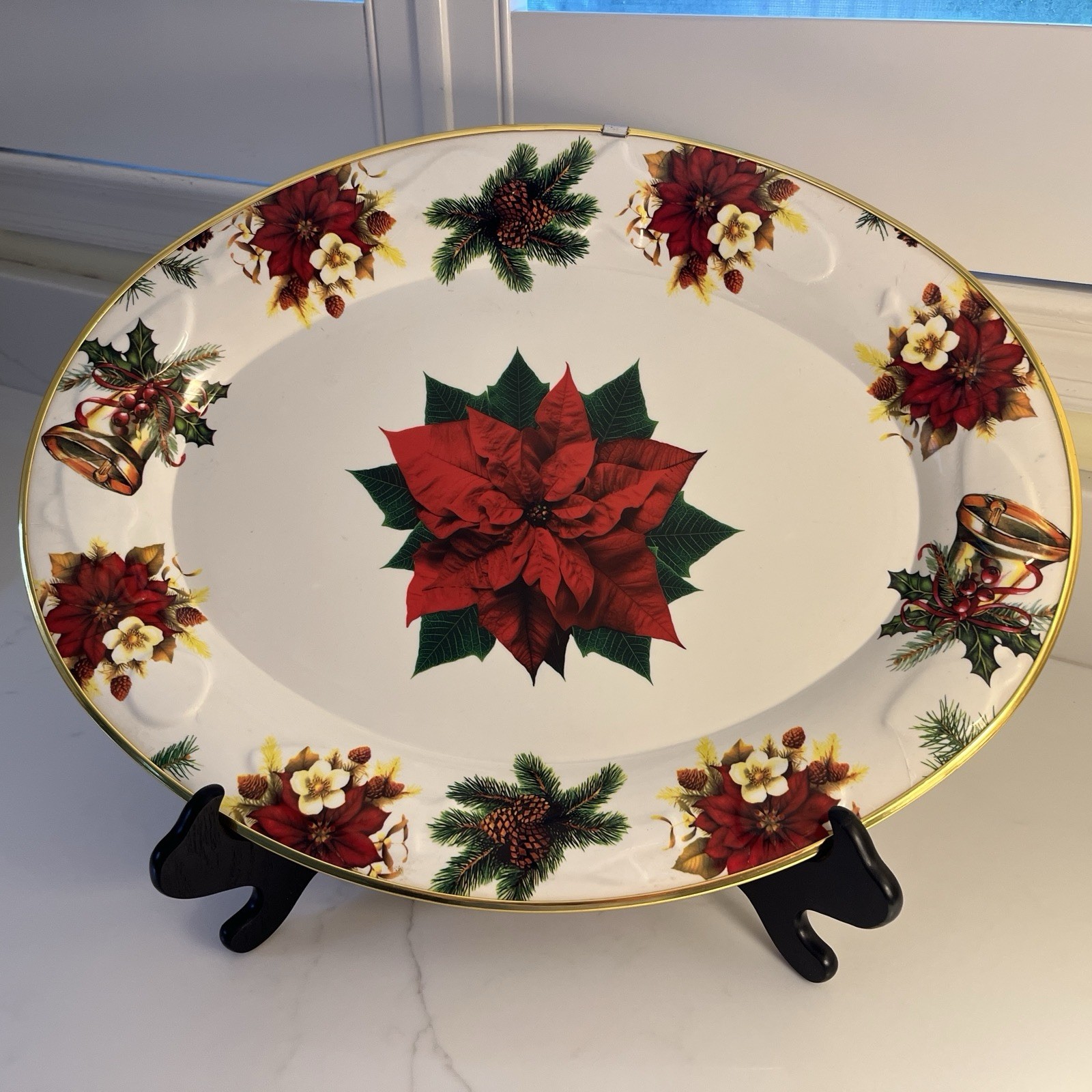 Vintage Far East Brokers 19x15” oval Christmas platter poinsettia & bell design.