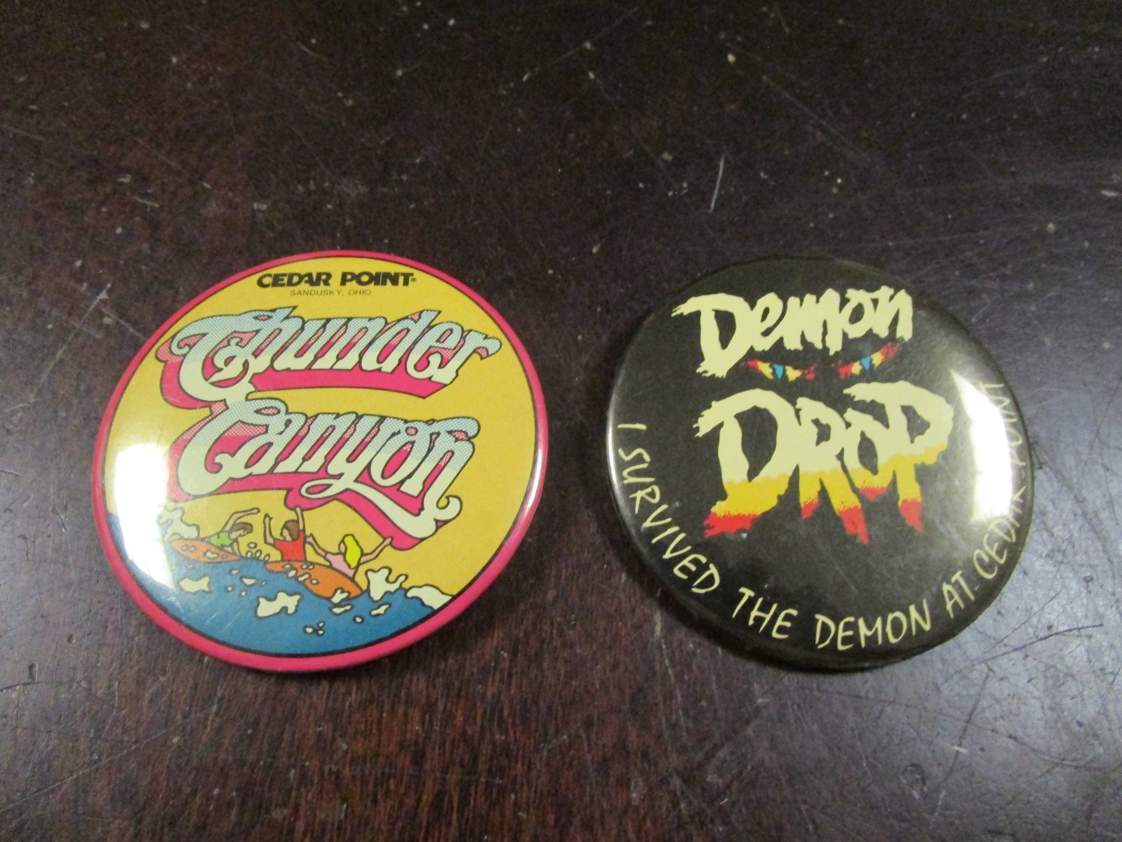 2 Vintage Cedar Point Demon Drop Thunder Canyon pin Button