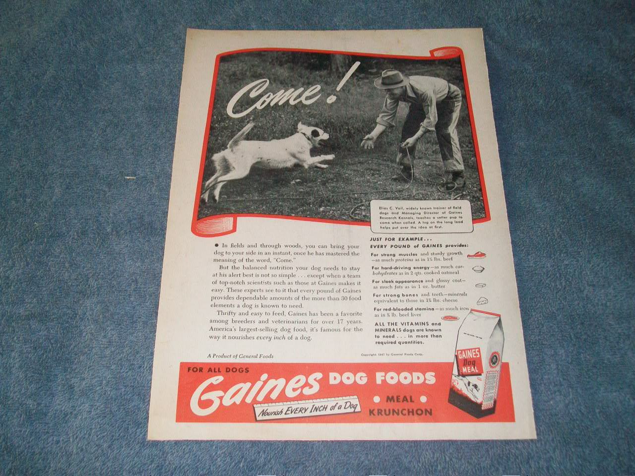 1947 Gaines Dog Food Vintage Ad \