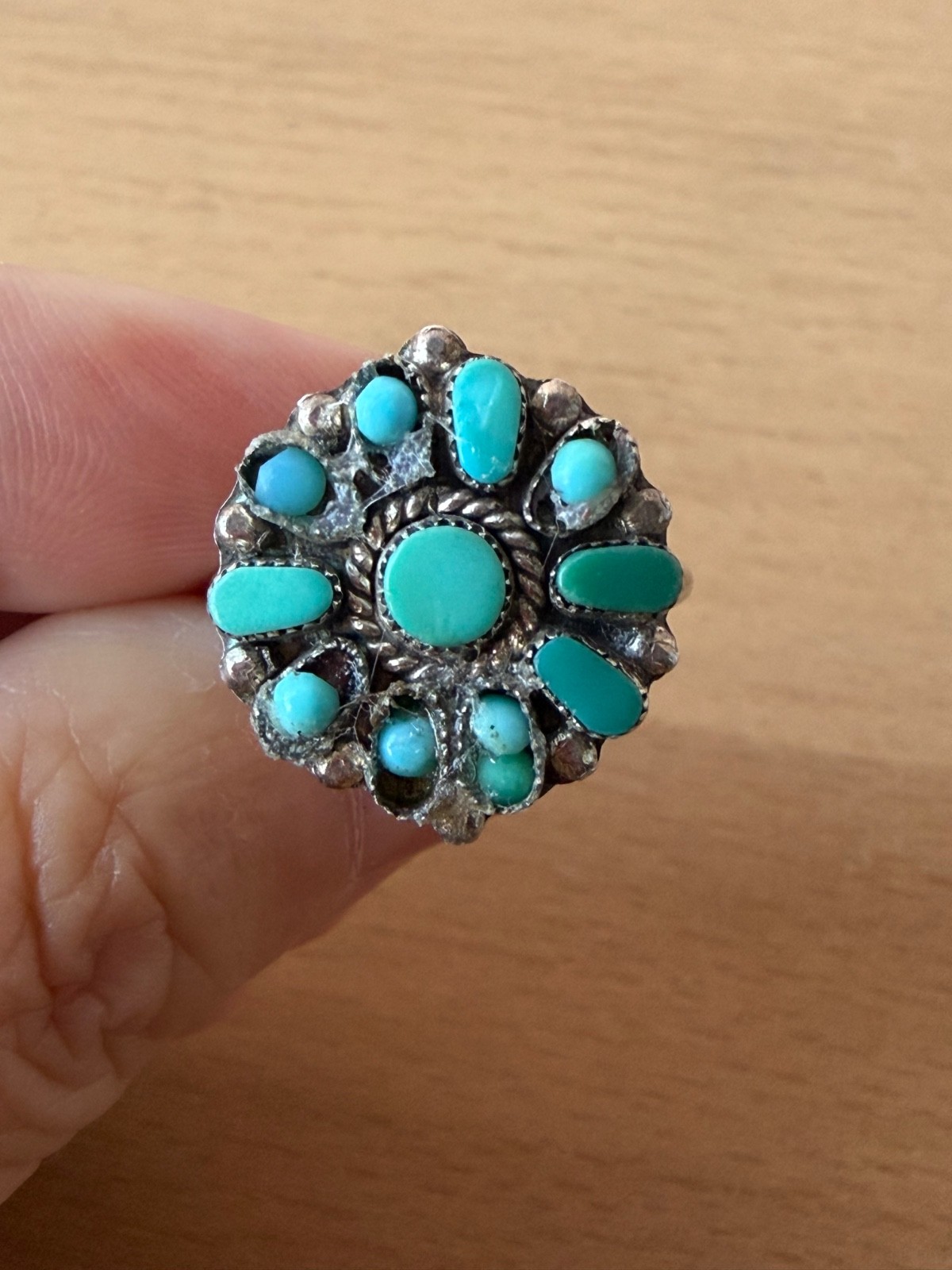 Vintage Native American Turquoise Sterling Silver Cluster Ring AS IS Condition