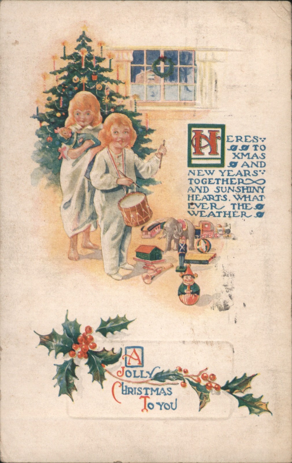 Jolly Christmas Children with Toys Tree, Holly Wreath 1911 Fredonia, NY Vintage