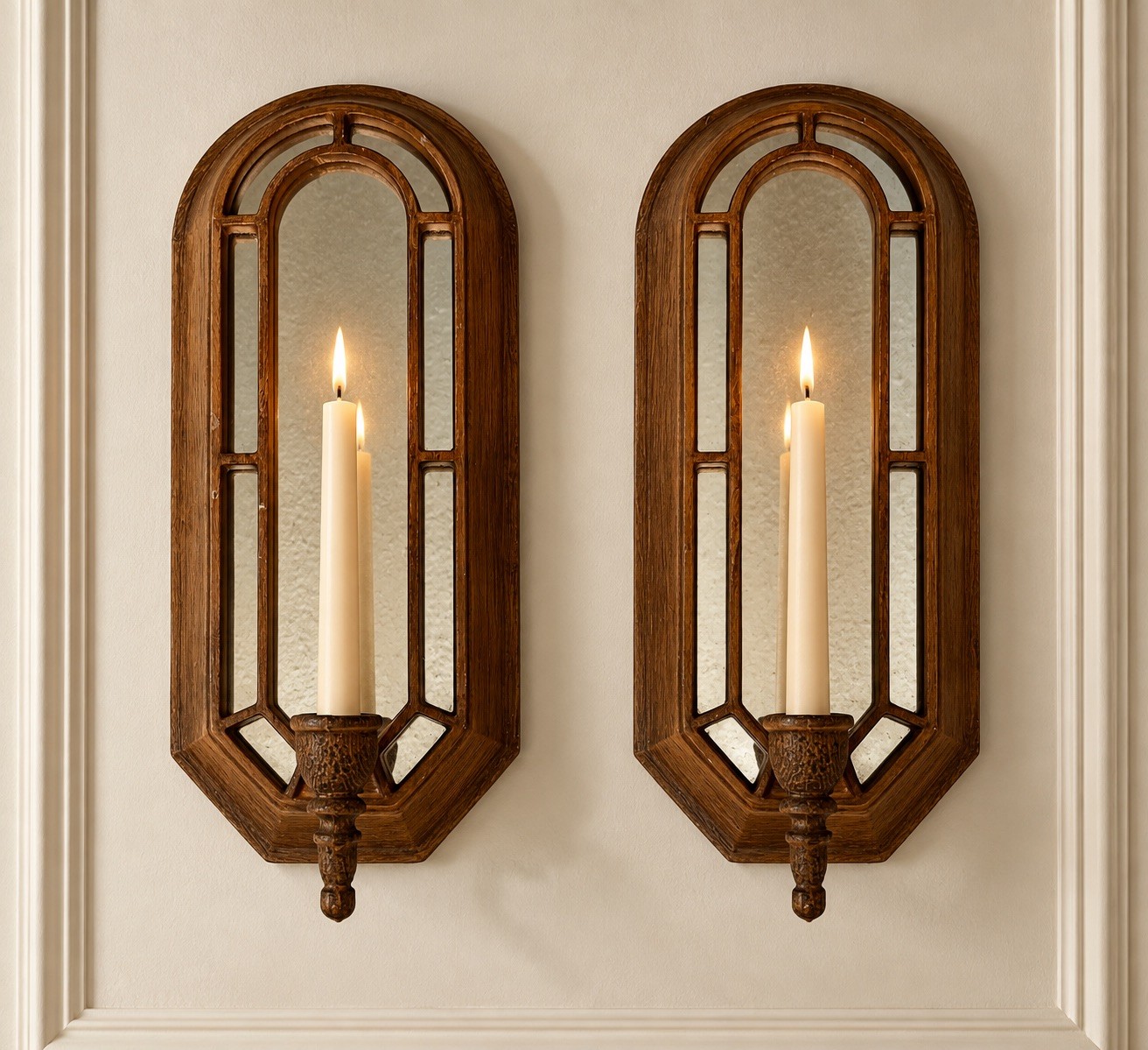 Vintage Wood Mirrored Wall Sconces Pair Taper Candle Holder Dark Academia Gothic