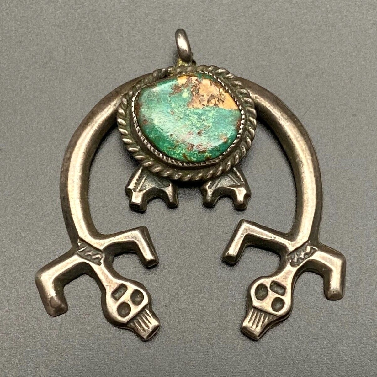 Vintage Navajo Native Kachina Naja Turquoise Sandcast Silver Pendant
