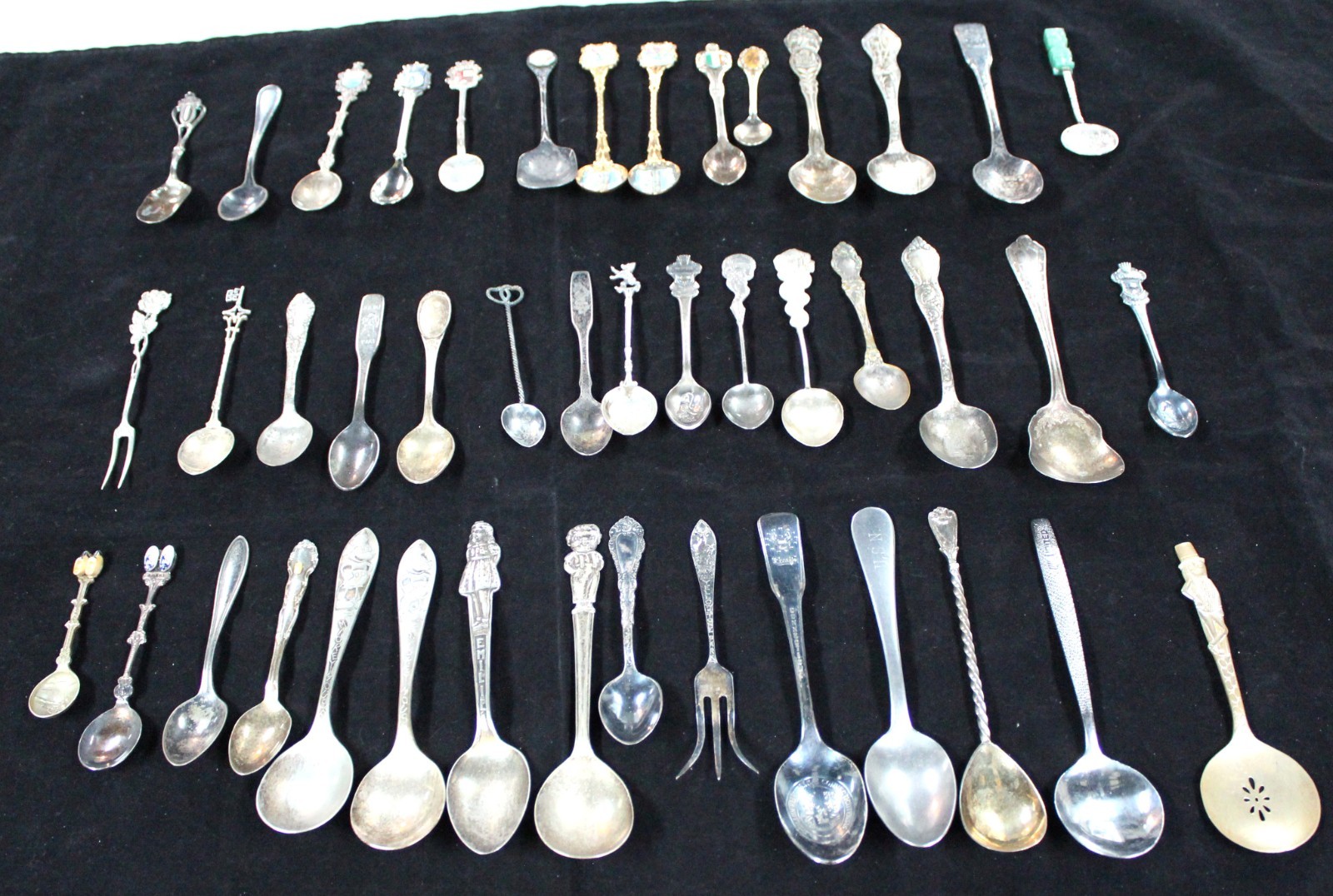 LOT OF 44 + VINTAGE OLD SOUVENIR SPOONS SILVER TONE SILVER PLATE PEWTER ENAMEL