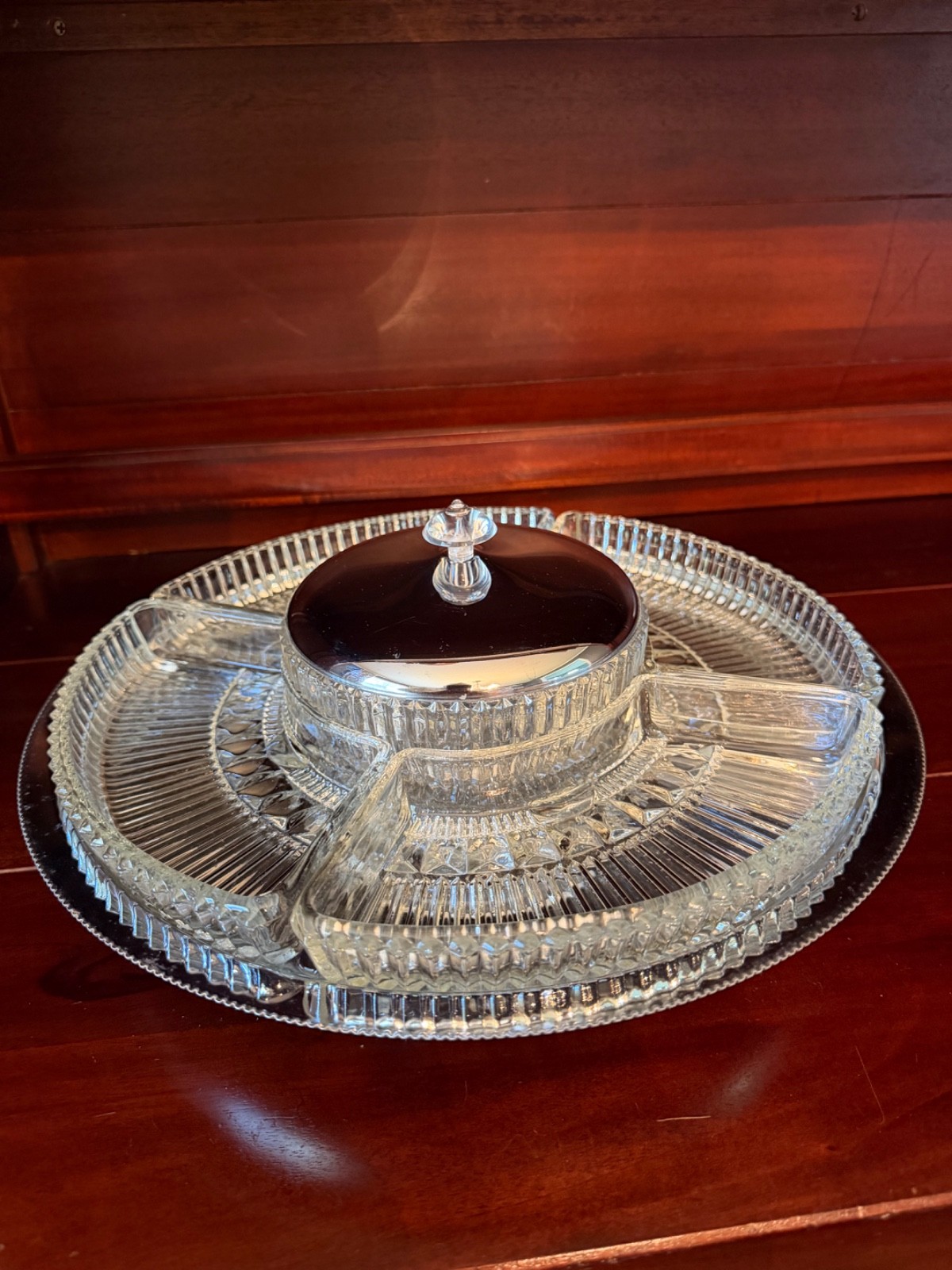 Beautiful Vintage KROMEX MCM Chrome & Pressed Glass LAZY SUSAN Serving Set 12”