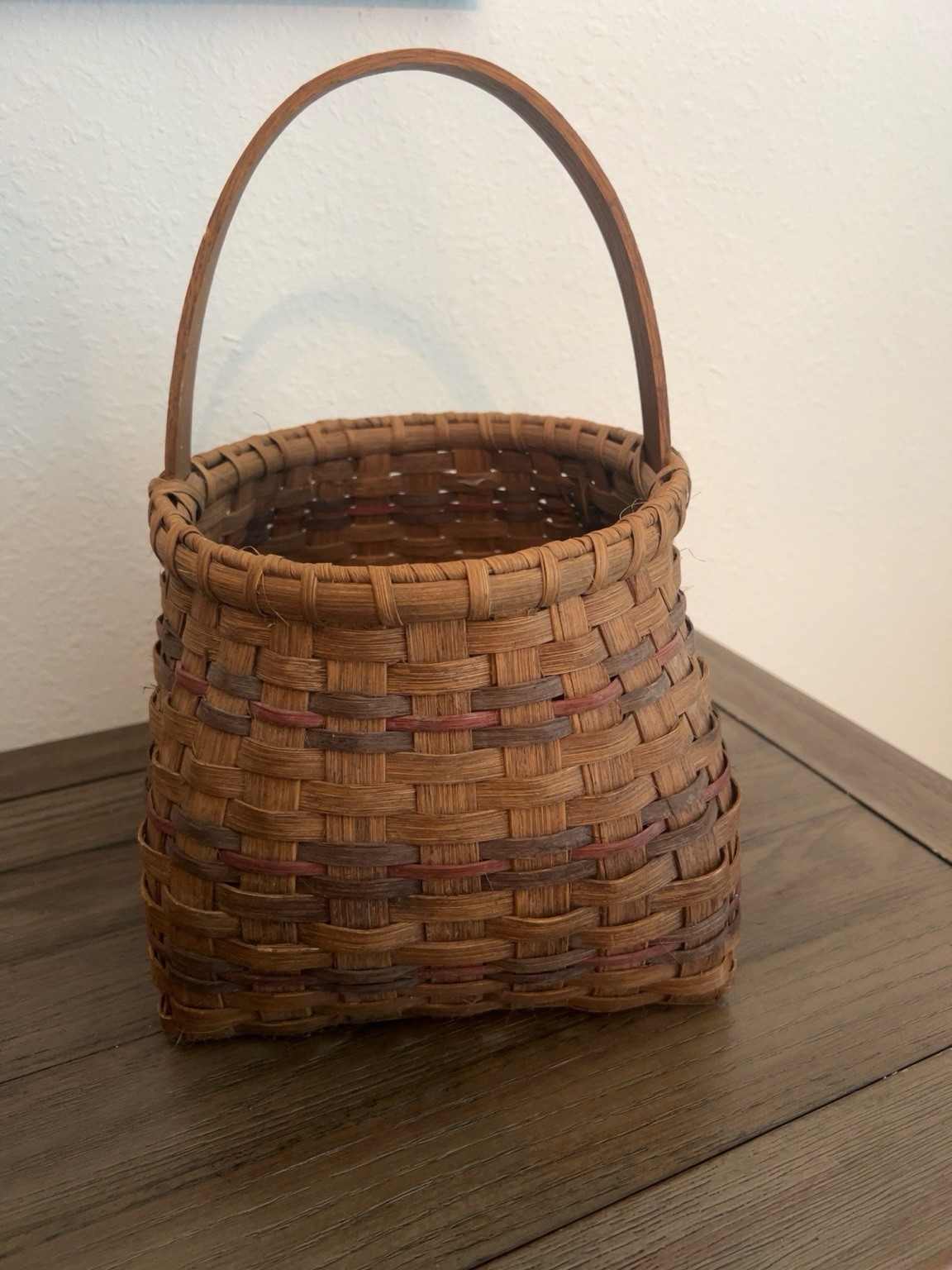 Vintage Handmade Oak Splint Basket Primitive Appalachian Folk Art Fixed Handle