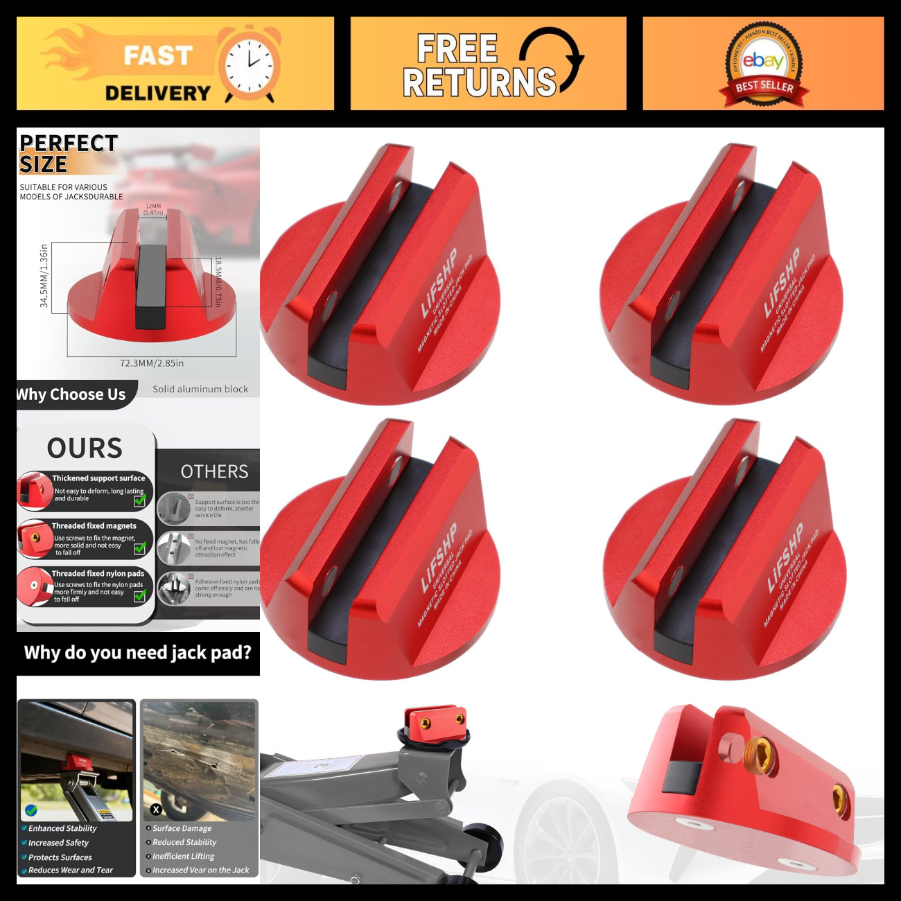 4Pcs Universal Magnetic Jack Pad - Aluminum Grooved Pinch Weld Tool - Red