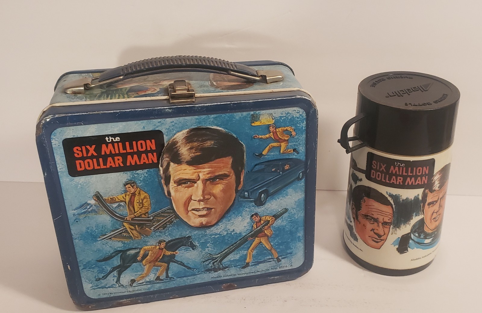 VTG 1974 Six Million Dollar Man Metal Lunch Box W/ Aladdin Thermos & Cup SEE PIX