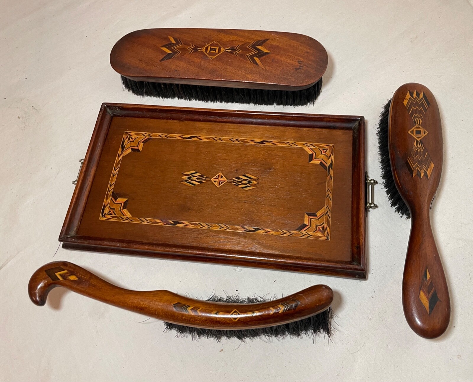 4 piece antique handmade Folk Art marquetry wood brush vanity grooming set
