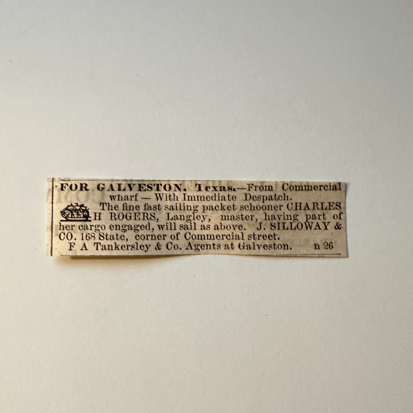 J. Silloway & Co. For Galveston TX 1860 Boston Ad 5AK9-S52