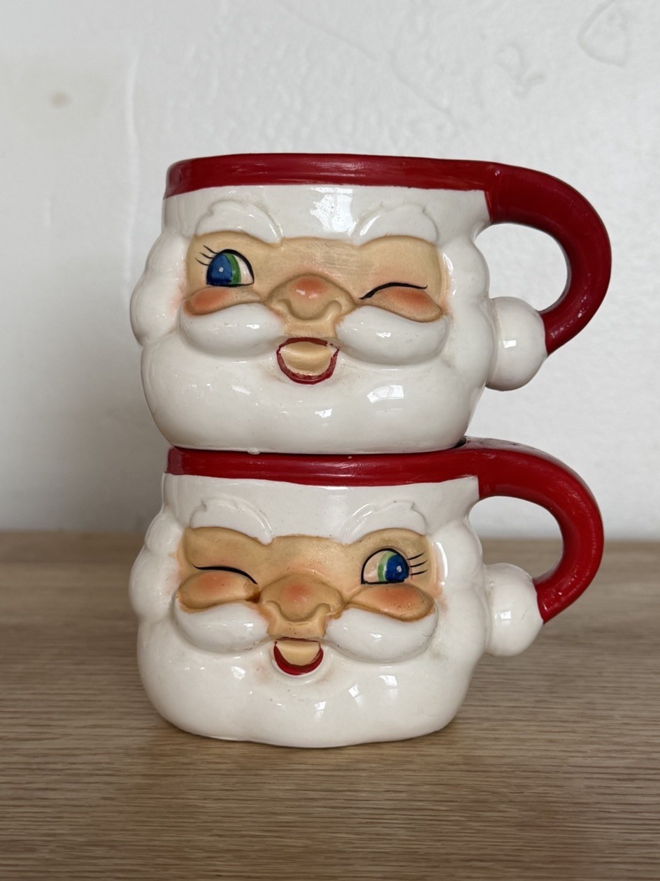 Lot of 2 Vintage Holt Howard Ceramic Winking Santa Mugs Christmas 1960