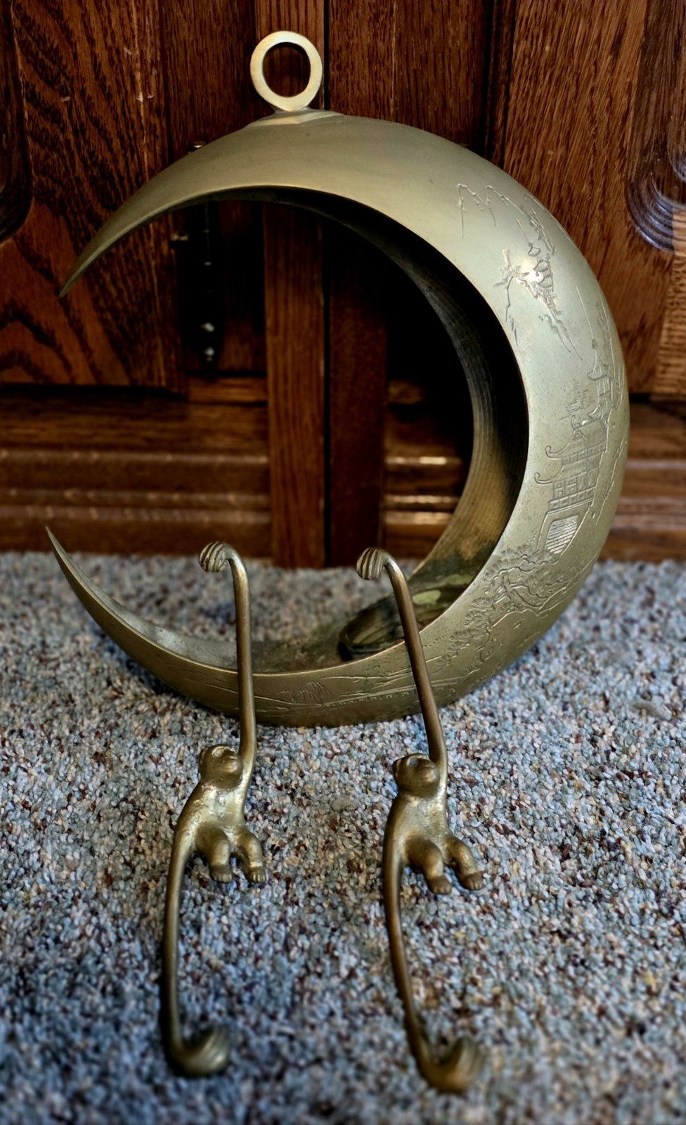 VTG Antique Brass Crescent Moon Candle/Small Plant Holder Hanging Monkeys 🐒 