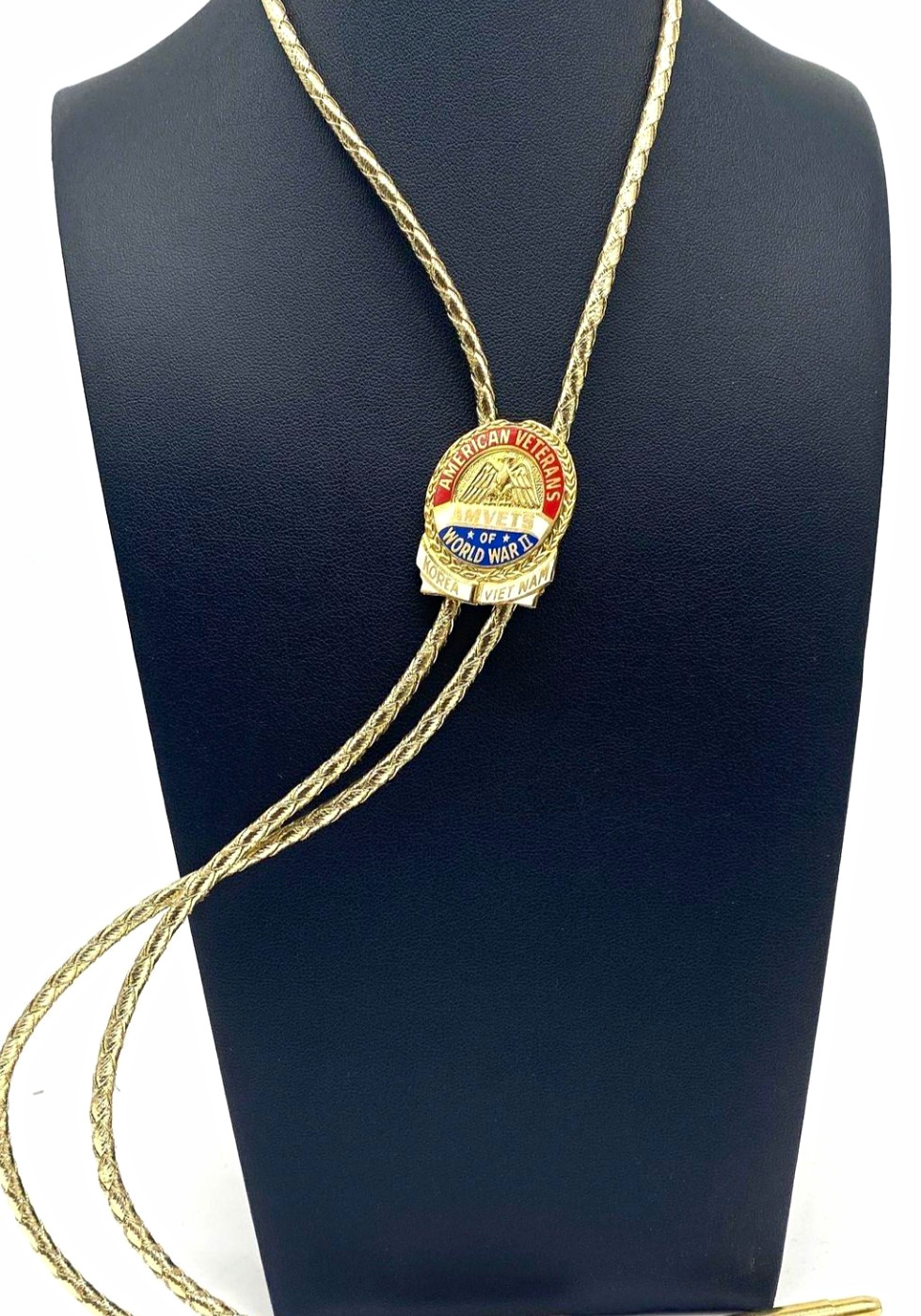 Vintage AMVETS American Veterans WWII Korea Vietnam Bolo Tie Gold Tone Enamel