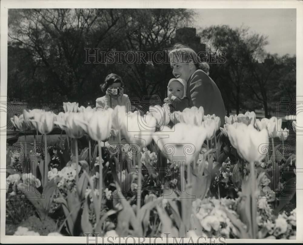 1952 Press Photo Mrs. Leland Cambridge photographs mother and son-Public Garden