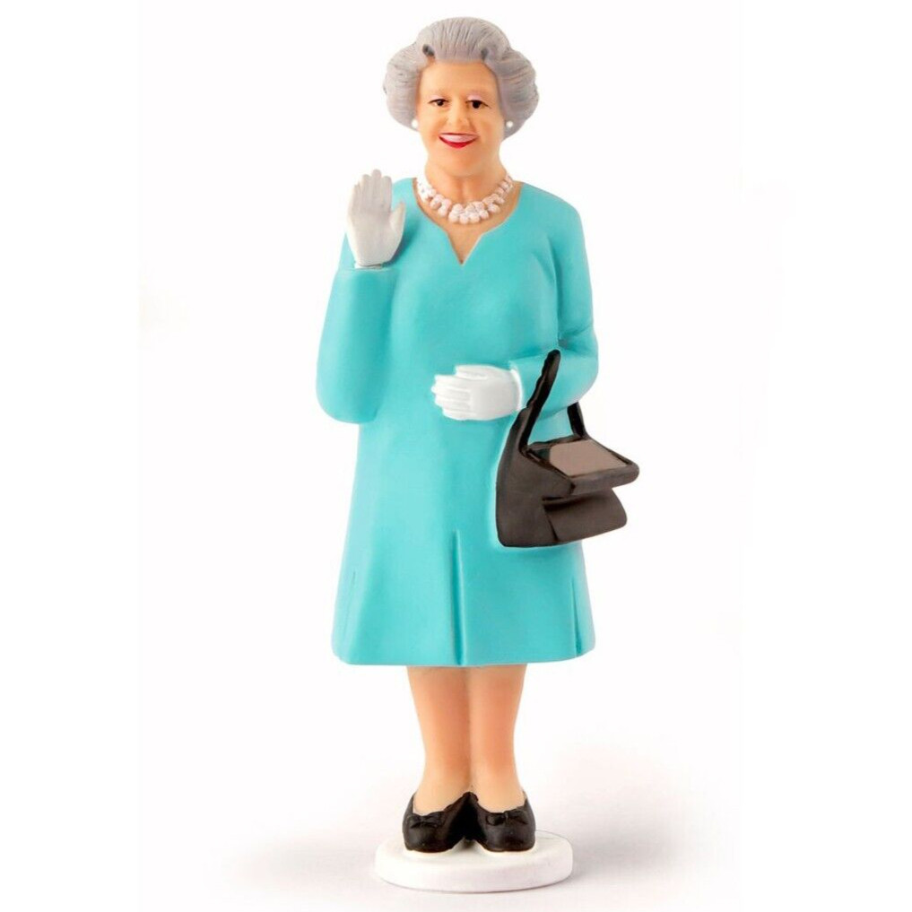 ❦ New KIKKERLAND Solar Powered Figurine WAVING QUEEN ELIZABETH II Turquoise Blue