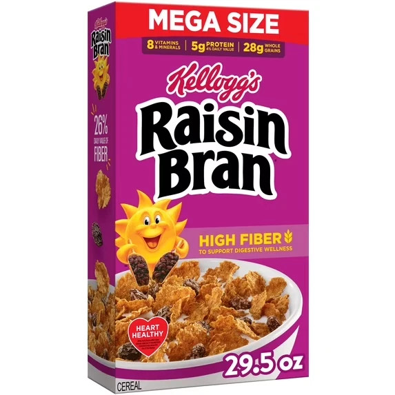 Kellogg’s Raisin Bran Breakfast Cereal, High Fiber, 28g Whole Grain, Mega Size
